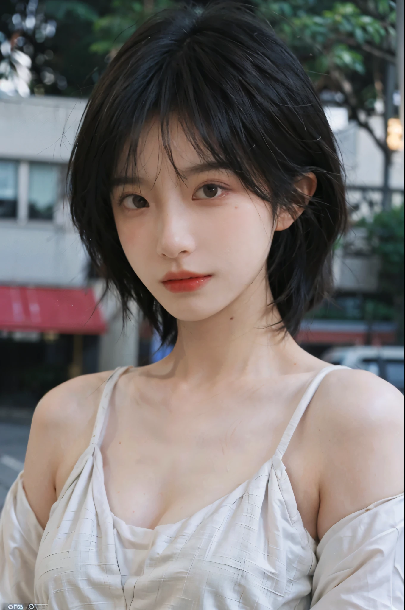 (Skin details:1.4), (smooth skin textures:1.3), Lipstick, background, earrings, Serene, calm, (Realistic and detailed eyes:1.2), (Large Breasts:1.3),Natural skin texture, Realistic facial details, Soft dramatic lighting, Vivid details, 35 mm film, outdoor, (Photo Practical:1.4), (hyper Practical:1.4), (Practical:1.3), (Smoother lighting:1.05), (Improve lighting quality:0.9), (Highest quality real skin textures:1.4), Exquisite eyes, Delicate face, Close-up of face, (Enhance the beauty of skin texture:1.1), Hair details, Model,normal body ratio, short hair, Moles under the eyes, Park background,Portrait Photography, Depth of Field, bokeh, Surrealism, Ray Tracing, (Portrait Photography:1.1), Surrealism, High Detail, clair obscur, Ray Tracing, reflected light, ultra HD, ultra HD, masterpiece, Textured Skin, Super Detail, High Detail, high quality, best quality