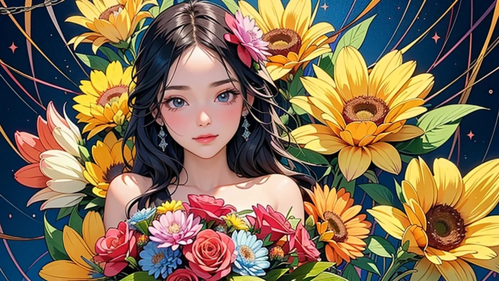 (ultra-Detailed Background, Detailed Background), Absurd, High resolution, Super detailed, Very detailed, One girl, (bouquet:1.3), (Tangled:1.2), (Geometric:1.2),(colorful),