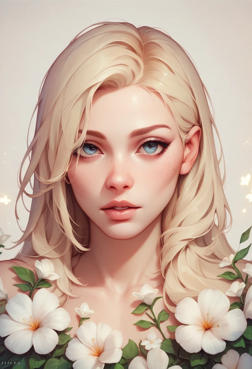 Soft space,Soft tones,Hazy and mysterious,A lot of mist and white flowers covered the blonde,