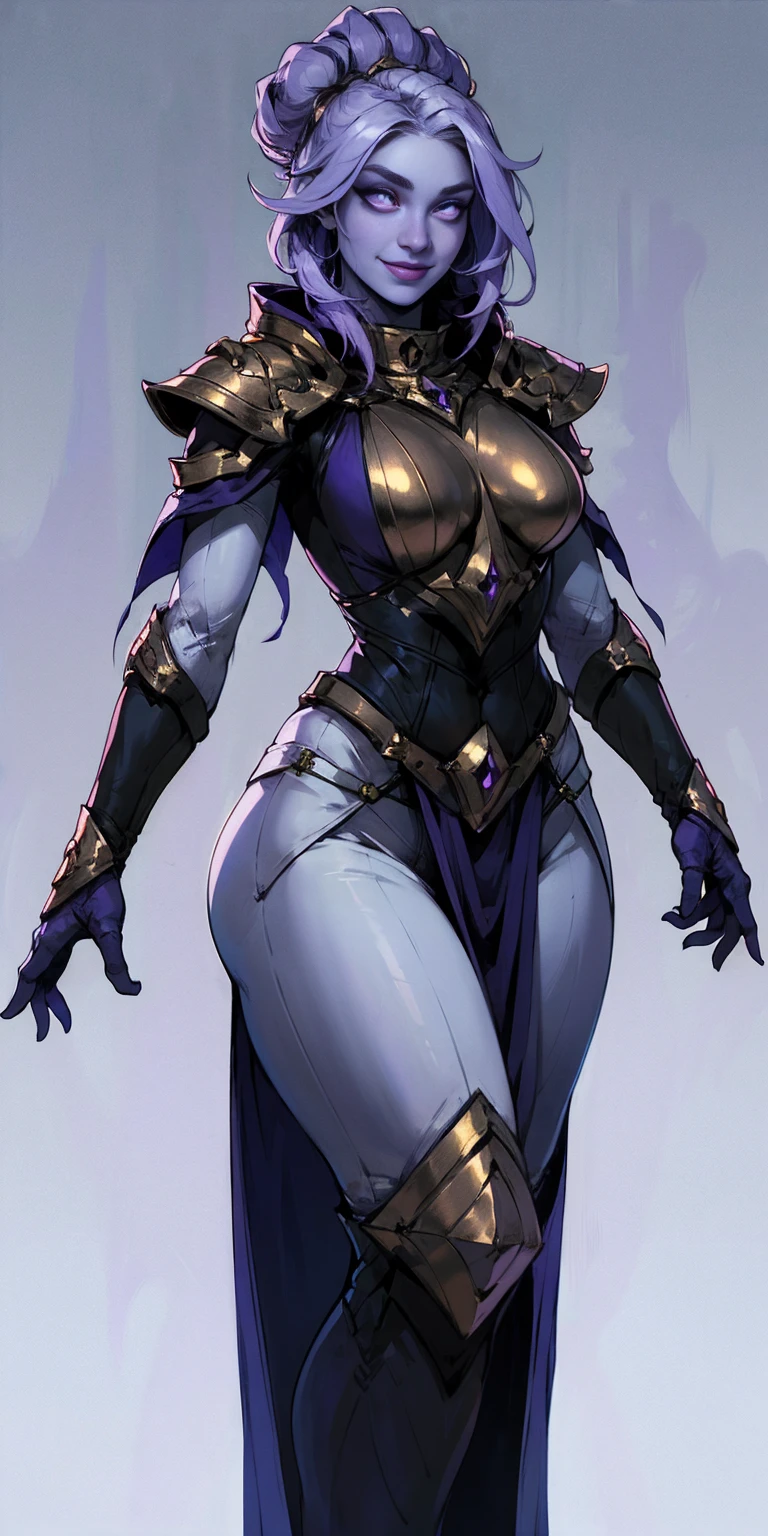 Character: Female Chest covered (presumably by clothing) Smiling Skin: Gray and purple Hair: Pale golden Eyes: Violet Attire: Prefers white and silver clothing Deep blue or purple cloak (optional) Background: Plain Image details: High resolution, Very detailed (including the clothing) Full-figured Voluptuous