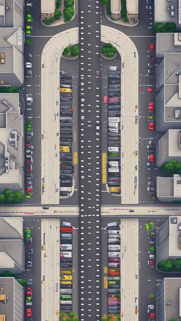 Straight road running through the center of the city, game concept, game map, pixel, pixel art, (straight road:1.2), paved road, night, detailed, vertical, bird's eye view, modern city, front projection