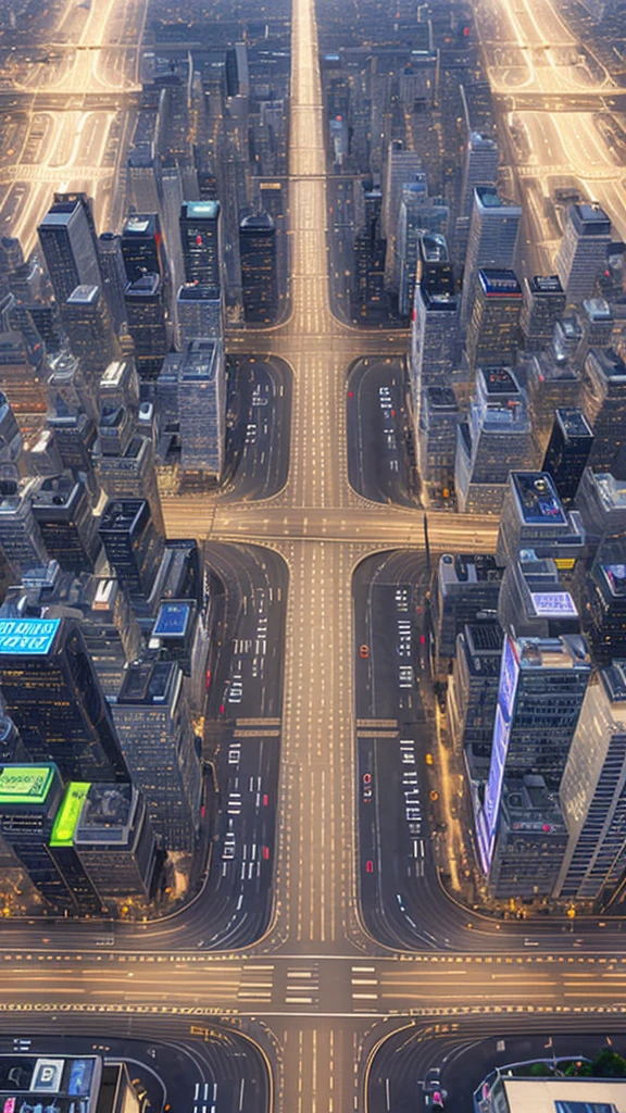 Straight road running through the center of the city, game concept, game map, pixel, pixel art, (straight road:1.2), paved road, night, detailed, vertical, bird's eye view, modern city, front projection