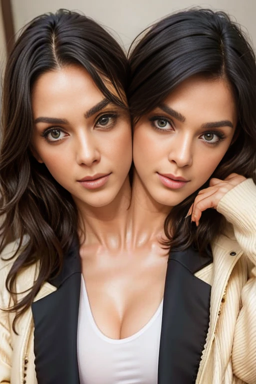 best resolution, 2 heads, two friends becoming conjoined, large neck space, stuck together , medium tied hair, winter jacket