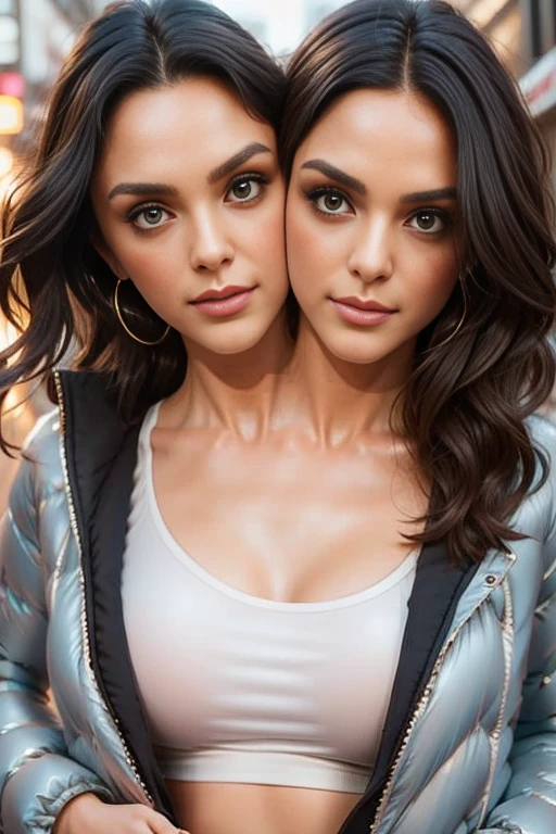 best resolution, 2 heads, two friends becoming conjoined, large neck space, stuck together , medium tied hair, winter jacket