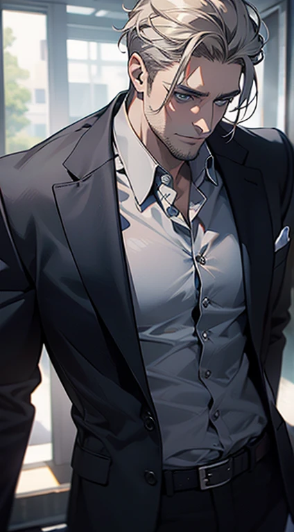 (best quality,4k,8k,highres,masterpiece:1.2),ultra-detailed,(realistic,photorealistic,photo-realistic:1.37),1 man,31 years old,mature man,very handsome,without expression,smile,short white hair,blue eyes,penetrating gaze,perfect face without errors,imposing posture,businessman,office background,cinematic lighting,hdr image