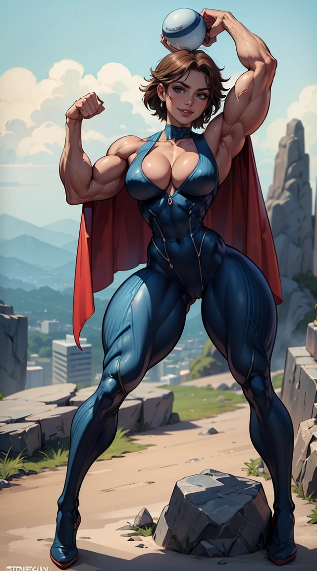 (Muscular:1.9), (thick thighs:1.9),
blonde female, (supergirl), (big smile:1.7), (blunt bangs), (ponytail:0.8),
earrings, lipstick, eyeshadow,
hard nipples, (small breasts:2),
(full body suit, blue bodysuit, cleavage:1.9), (small cape:1.3), (choker:1.2), (flexing a rock hard, balled up, striated bicep that streches her suit:2),
looking at viewer, from above, (upper body view:2.1),
(skyline background), rim lighting, two tone lighting, dim lighting, bokeh, detailed skin, detailed eyes
