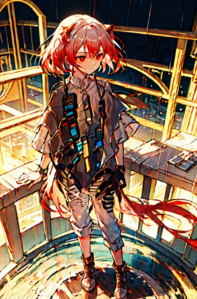 Beautiful masterpiece, best quality, Illustration style,little flame_arknights，
bridge_Ark of Tomorrow，rain中漫步，Full body portrait，serious， Red Hair，Red eyes，shirt，trousers，Anime Girl, beautiful eyes, summer,，small, Heartwarming, Youthful and beautiful,, showing a natural casual style. Dynamic posture contains the golden ratio, Large aperture portrait, White space, Strong contrast between light and shadow, Super texture, Super clear and concise pictures, presenting extremely beautiful, Elegant temperament, Subtle facial expressions, City background, rain, Road area water reflection，There is one，There is onehead，one person