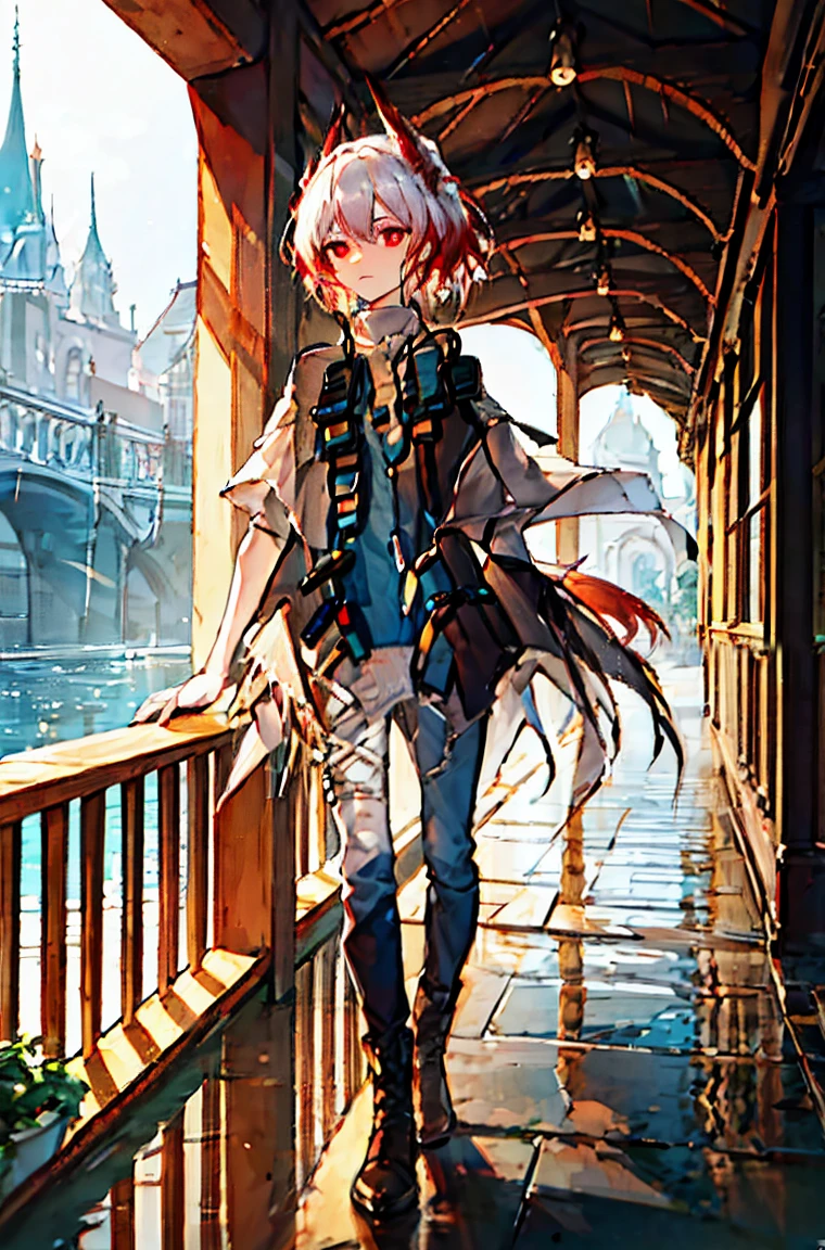 Beautiful masterpiece, best quality, Illustration style,little flame_arknights，
bridge_Ark of Tomorrow，rain中漫步，Full body portrait，serious， Red Hair，Red eyes，shirt，trousers，Anime Girl, beautiful eyes, summer,，small, Heartwarming, Youthful and beautiful,, showing a natural casual style. Dynamic posture contains the golden ratio, Large aperture portrait, White space, Strong contrast between light and shadow, Super texture, Super clear and concise pictures, presenting extremely beautiful, Elegant temperament, Subtle facial expressions, City background, rain, Road area water reflection，There is one，There is onehead，one person