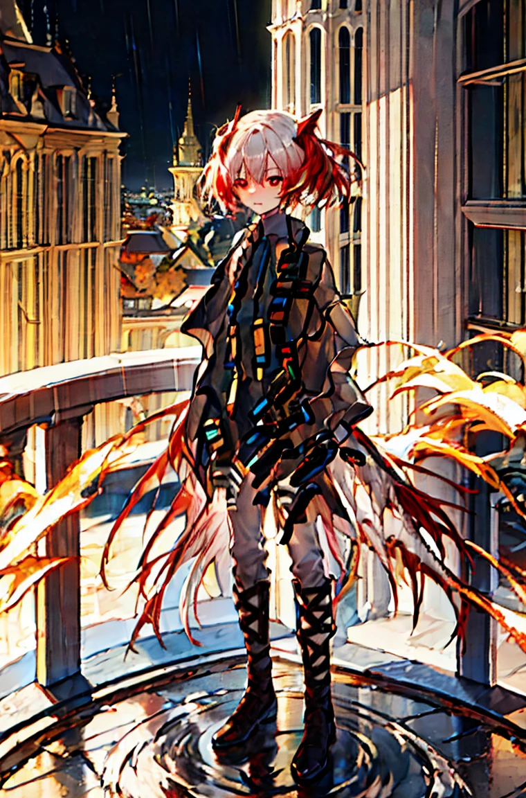 Beautiful masterpiece, best quality, Illustration style,little flame_arknights，
bridge_Ark of Tomorrow，rain中漫步，Full body portrait，serious， Red Hair，Red eyes，shirt，trousers，Anime Girl, beautiful eyes, summer,，small, Heartwarming, Youthful and beautiful,, showing a natural casual style. Dynamic posture contains the golden ratio, Large aperture portrait, White space, Strong contrast between light and shadow, Super texture, Super clear and concise pictures, presenting extremely beautiful, Elegant temperament, Subtle facial expressions, City background, rain, Road area water reflection，There is one，There is onehead，one person