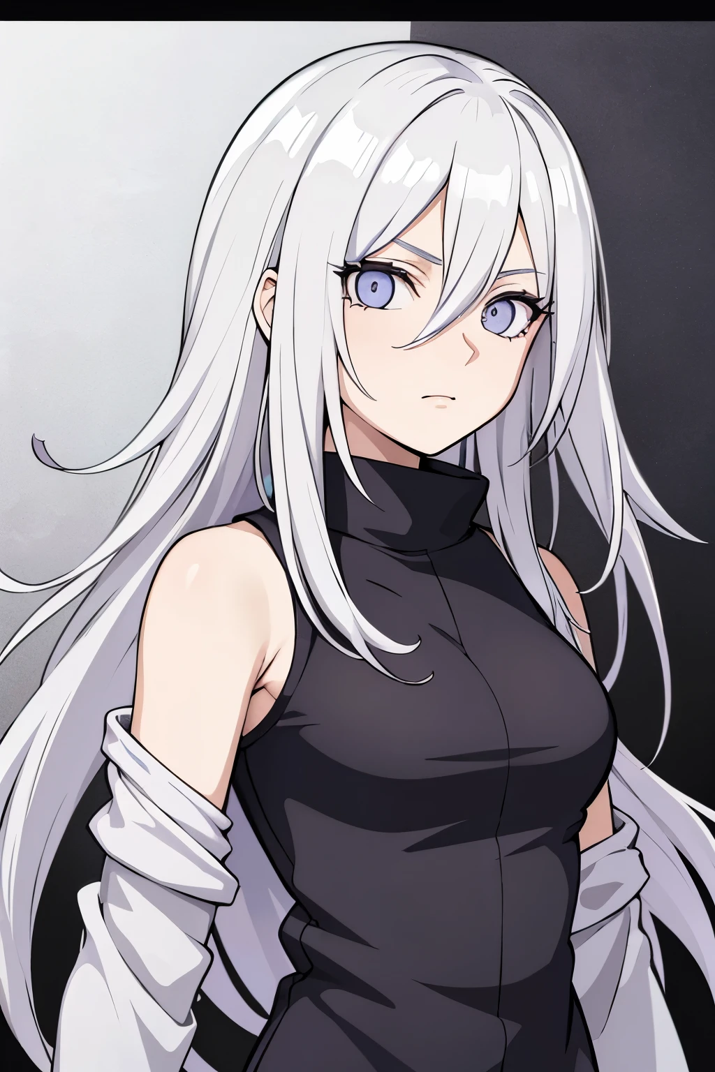 (high-quality, breathtaking),(expressive eyes, perfect face) portrait, Symmetrical Eyes, 1girl, female, solo, teenager, short height, white hair, white coloured eyes, byakugan, anime naruto art style, long hair, fluffy hair, feminine face, grey background, detailed eyes, hyuga, Ōtsutsuki, naruto ninja attire, neutral expression, soft smile, purple and black clothing, white trim, long sleeves, white dress, hair between eyes, bare shoulders, jacket
