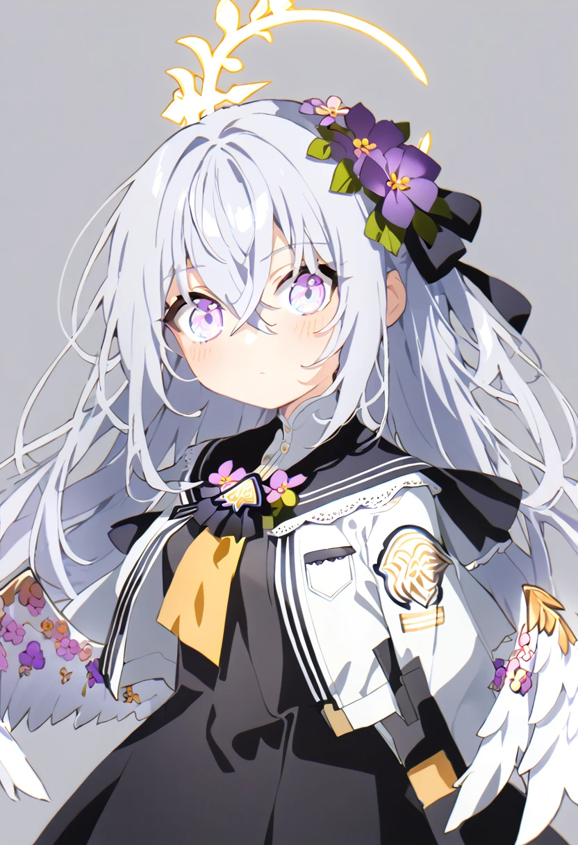 azusa \(blue archive\), 1girl angel_wings black_dress blush breasts closed_mouth dress feathered_wings flower grey_hair hair_between_eyes hair_flower hair_ornament halo jacket long_hair open_clothes open_jacket purple_eyes purple_flower simple_background sleeveless sleeveless_dress small_breasts solo twitter_username white_background white_jacket white_wings wings yellow_halo