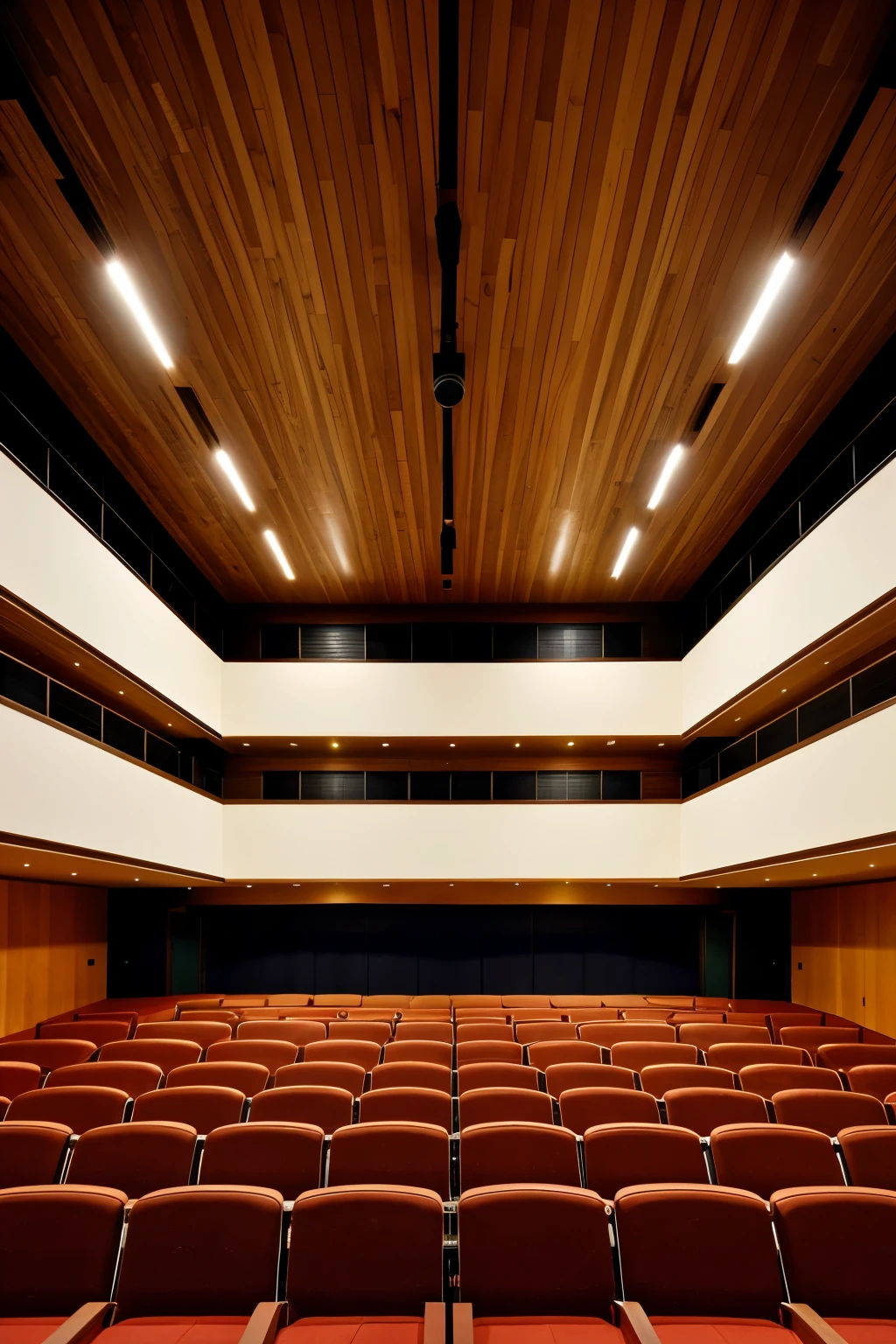 Interior view of an auditorium, with wooden walls, and led lights on the walls