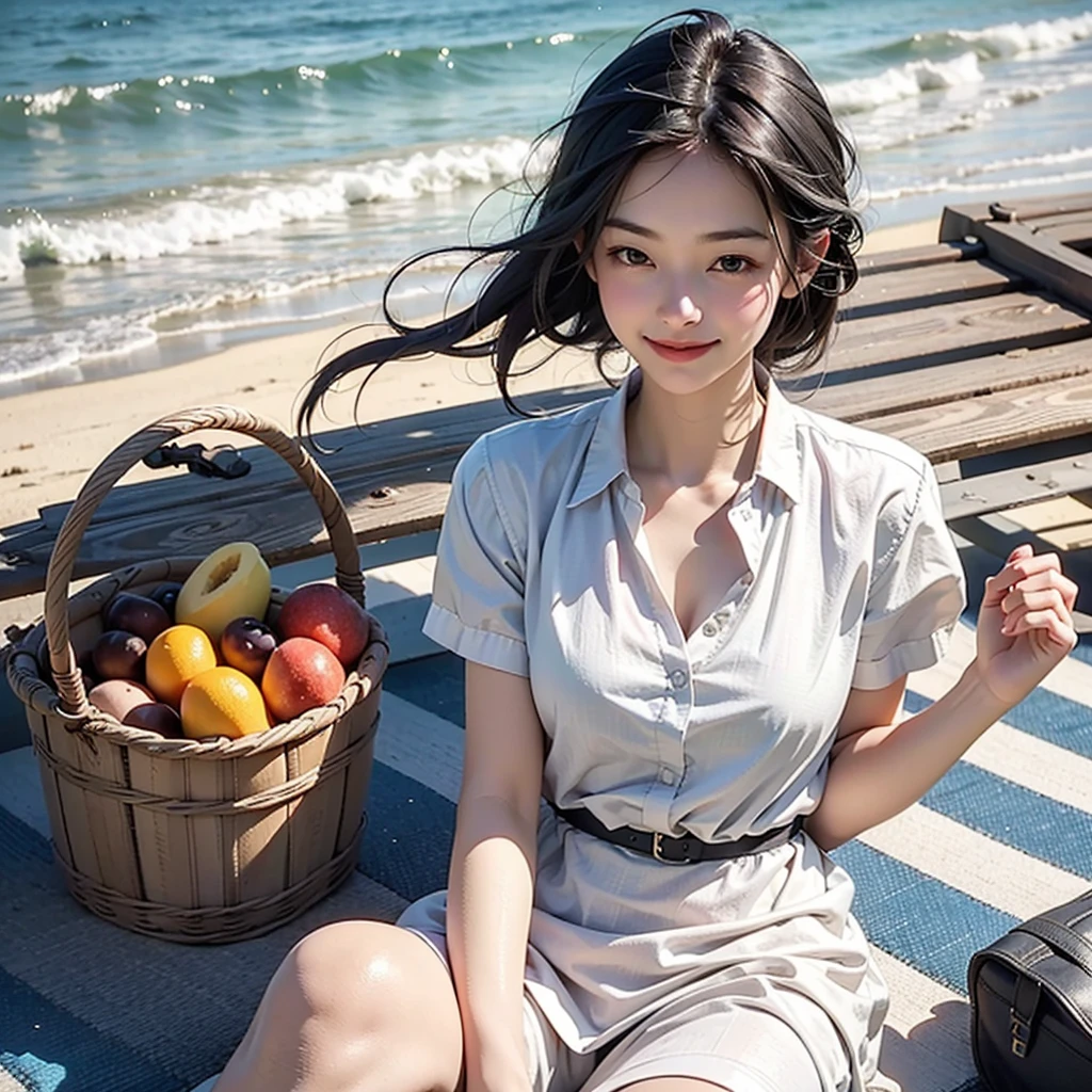 very cute and beautiful girl,White sundress with ruffles,(Very detailed美しい顔),
(smile:1.2),Happy,Black Hair,Sitting on a picnic sheet,Beach,picnic basket,sandwich,(From above),
(Highest quality,masterpiece:1.0),Absurd,High resolution,Super detailed,Very detailed,32k,8K resolution,
Intricate details,Movie Scenes,Detailed Background,alone,Dynamic Angle,
Natural light,Hair blowing in the wind,Beautifully detailed skies,