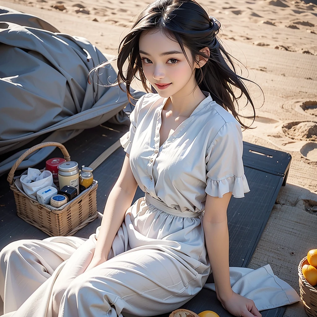 very cute and beautiful girl,White sundress with ruffles,(Very detailed美しい顔),
(smile:1.2),Happy,Black Hair,Sitting on a picnic sheet,Beach,picnic basket,sandwich,(From above),
(Highest quality,masterpiece:1.0),Absurd,High resolution,Super detailed,Very detailed,32k,8K resolution,
Intricate details,Movie Scenes,Detailed Background,alone,Dynamic Angle,
Natural light,Hair blowing in the wind,Beautifully detailed skies,