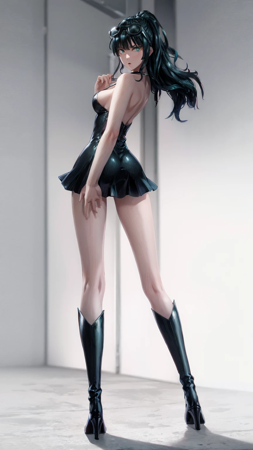 1girl, solo, boots, eyewear on head, black hair, dress, high heels, sunglasses, short dress, long hair, looking back, breasts, ponytail, nico robin, legs,medium_breasts,sideboob