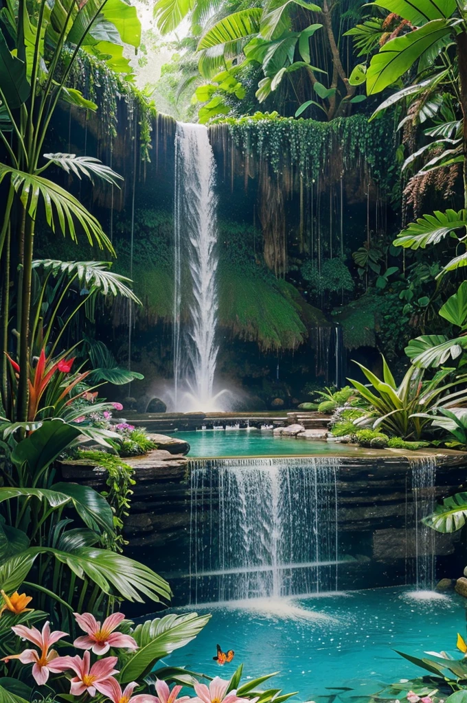 A hidden waterfall cascading into a crystal-clear pool surrounded by lush greenery and exotic flowers, with vibrant birds and butterflies adding life to the scene.