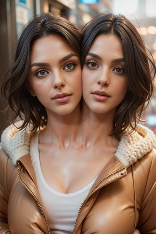 best resolution, 2 heads, two friends becoming conjoined, large neck space, stuck together , short tied hair, winter jacket