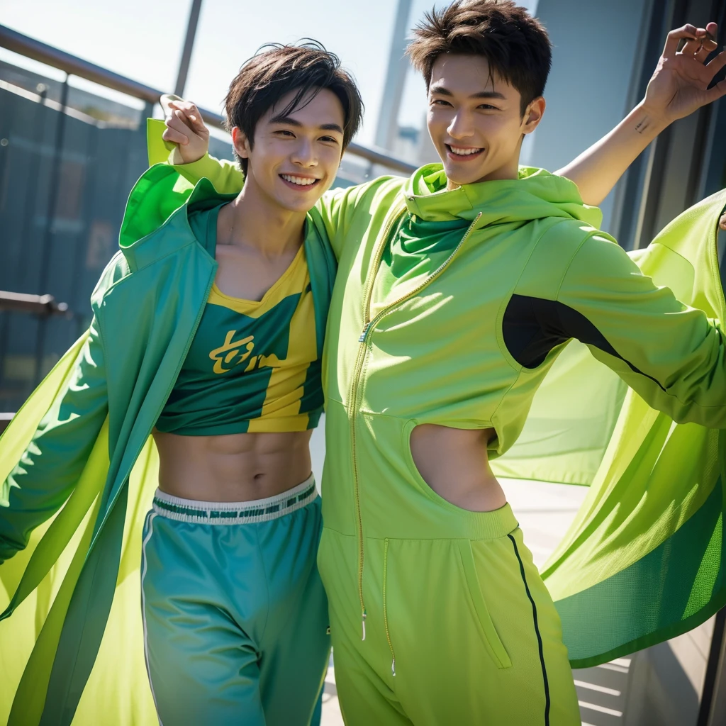 2 young man wear short clothes made of translucent colored fabrics dancing, their clothes expose their bodies in a suggestive way, they have fine fabrics and in an aura of water elemental magic