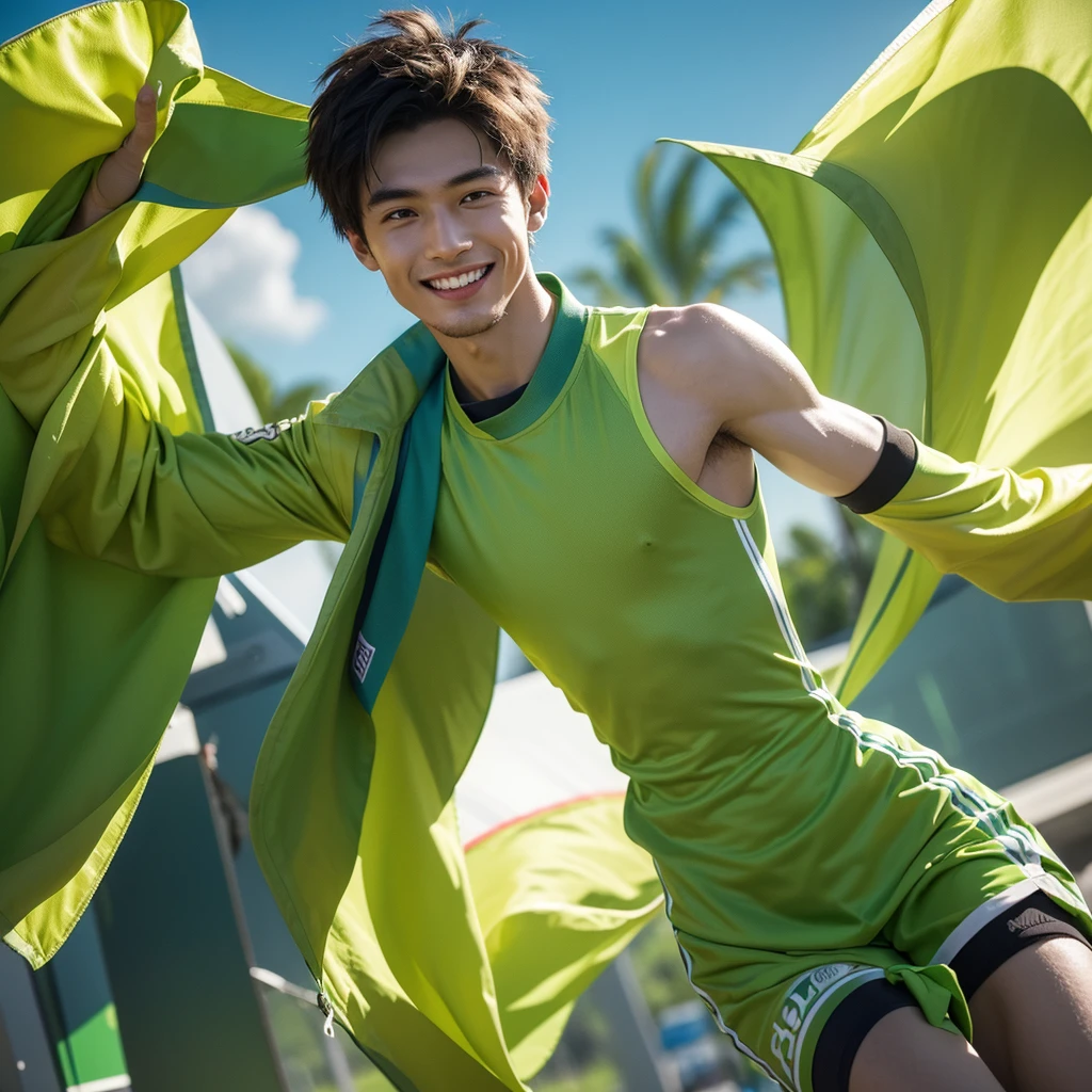 Create an image of a young male protagonist wearing vibrant green clothing. He should be in a confident and inspiring pose, leading a group of diverse people with determination and charisma. The setting should be dynamic and engaging, perhaps a community or rally, reflecting his role as a dependable and motivational leader. Include elements that highlight his leadership qualities, such as strong body language, an encouraging smile, and an atmosphere of unity and teamwork. The overall scene should convey trustworthiness, enthusiasm, and a sense of shared purpose.