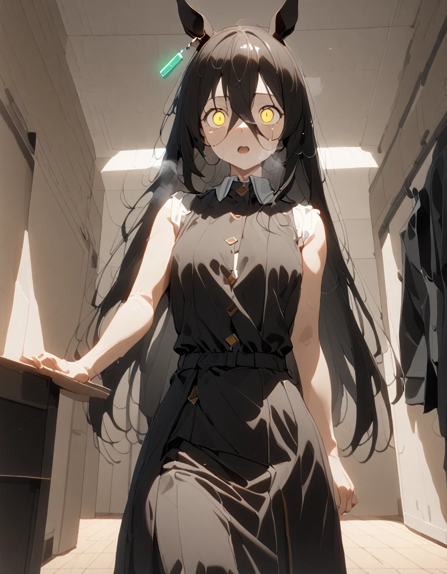 Manhattan Cafe Base, Black Hair, Long Hair, Horse ears, earrings, Yellow Eyes, Black coat, Sleeveless shirt, (masterpiece),(Highest quality),(Super detailed),(Best illustrations),(Best Shadow),(Absurd),(Detailed face),(so beautiful),One girl,Dim Lightning,In the dressing room,In the heat,Excited,View your viewers,Heavy breathing,Shiny skin,Sweat,,,Old age,, Watery eye,,Are standing,Micro Skirt,Open Vest,Open shirt,Puffy nipples,Hypnotized,Pink Eyes,Telephone,orgasm, Bedroom, indoor, (Masturbation), (Squirting), sexual excitement, Ahegao,Open your mouth, Stick your tongue out,Rolling your eyes, Composition from below