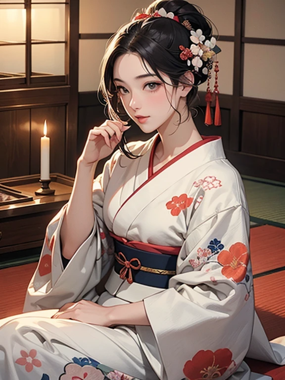 (Highest quality、masterpiece、High resolution、8K)、Ukiyo-e、Vibrant colors、Utamaro、Edo Period、Flowers of Yoshiwara、1 flower kui、whole body、Japanese-style room、It is a tatami room.、There is a candle light、Utamaroの絵のモデル、The courtesan&#39;s hair is black and beautiful、Decoration、The kimono is white with red floral patterns、Sitting、Sitting sideways、The kimono has been flipped up, exposing some bare skin.、One hand is holding a fan open、Details of the model&#39;s gestures and facial expressions、Official Art、Detailed CG、