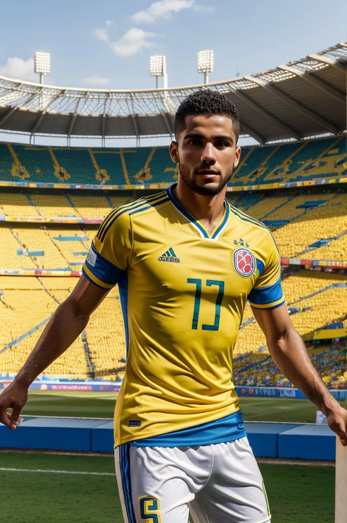 , cabelo liso castanho escuro, pelo muito curto, pelo curto, Men's uniform of the Colombia national football team, camisa amarela, blue shorts, epic scenery, Packed stadium, Torcida, melhor qualidade, best resolution , Estilo anime , obra prima , olhar fixo, corpo inteiro, Funtebol Stadium in the background, World Cup Scenario, Colombia, in love with football.