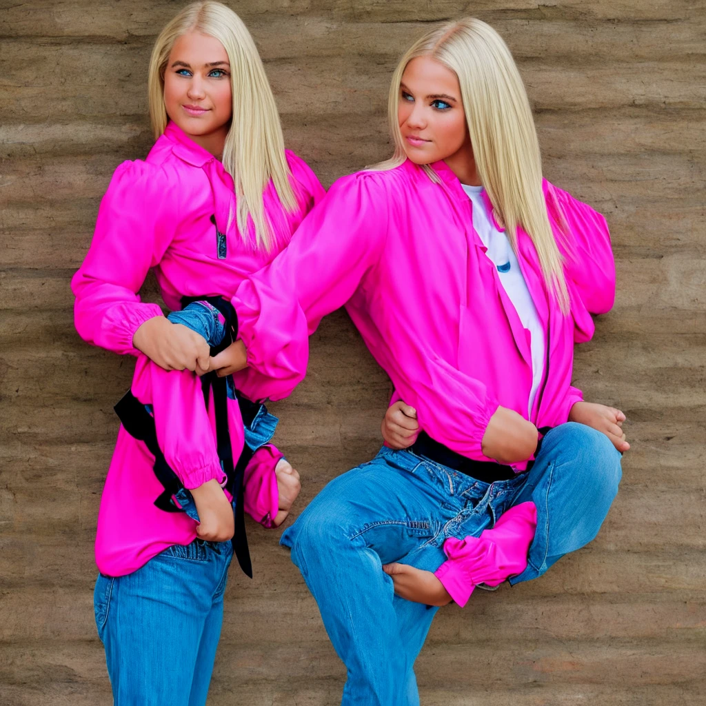 Young very strong muscular blue eyed blonde with broad shoulder wearing a jacket, pink blouse and black pants