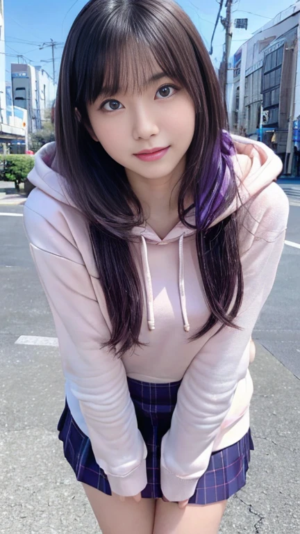 (masterpiece:1.3), (8K, Photorealistic, RAW Photos, Best image quality: 1.4),20 year old cute Japan woman、(Long Hair)、Super detailed face、double eyelid、Sharp focus:1.2、Beautiful woman:1.4、Jet Black Hair、Straight Hair、Highest quality、masterpiece、Ultra-high resolution、(Photorealistic:1.4)、((Pastel purple hoodie))、((White flared mini skirt))、whole body, Long legs、Highly detailed face, Beautiful Eyes, double eyelid、Are standing、sunny、((Bend over and peer at me))、Tokyo cityscape、Outdoor、blue sky