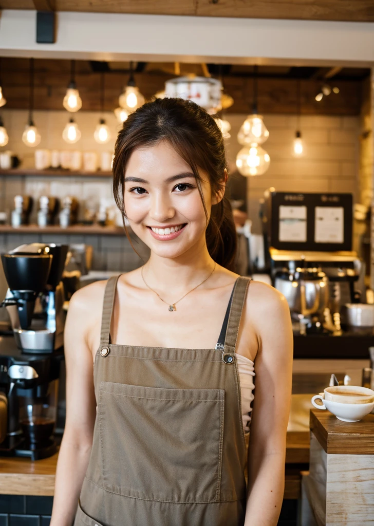 （Realistic, photo-Realistic:1.37),(8K, RAW Photos, Highest quality, masterpiece:1.2),  Ultra-detailed, 超High resolution, Kodak Vision Color, Filmed with an Arricam LT camera,Highest quality, Lively, 8K, High resolution, Escape, (Professional Lighting), (Portraiture:0.6), Brown Hair,22 years old、slender、Cafe staff、Stylish cafe、おしゃれなCafe staff、ponytail、Barista、coffeeを作っている、Inside the store、Japanese、Upper body close-up、smile、coffee、