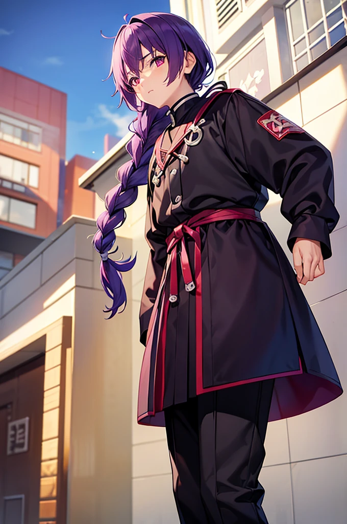 Purple Hair、Red eyes、White background、Anime characters、Knot、Braid、黒いカンフー服を着ているjuvenile、勝気な表情のjuvenile、Man standing facing forward、juvenile