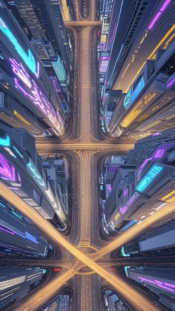 Straight road running through the center of the city, game concept, game map, pixel, pixel art, (straight road:1.2), paved road, night, detailed, vertical, bird's eye view, modern city, front projection