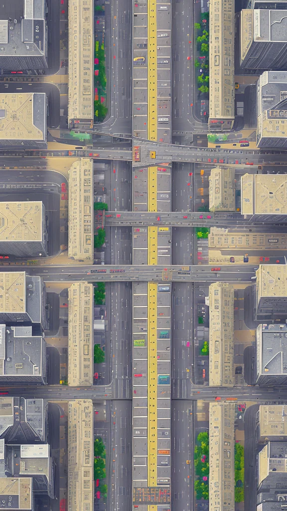 Straight road running through the center of the city, game concept, game map, pixel, pixel art, (straight road:1.2), paved road, night, detailed, vertical, bird's eye view, modern city, front projection