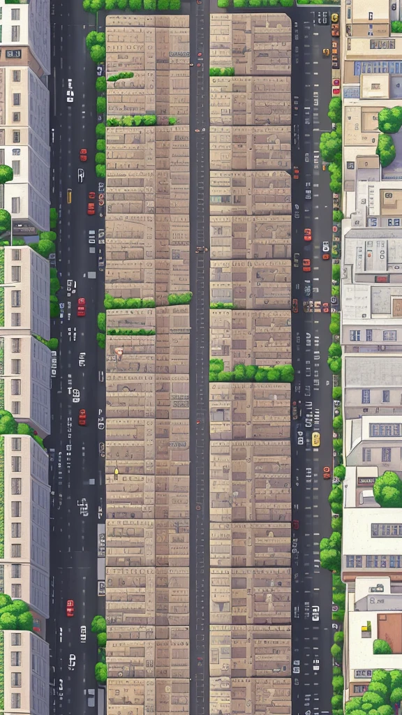 Straight road running through the center of the city, game concept, game map, pixel, pixel art, (straight road:1.2), paved road, night, detailed, vertical, bird's eye view, modern city, front projection