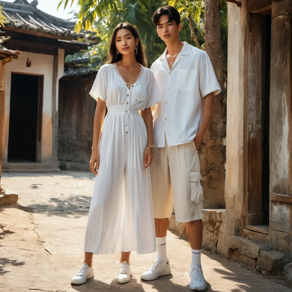 candid fashion photography of young man and woman, both aged 20 year old, ((showcase fashion look book in a White rayon outfits)), inspired by Zara's resort collection 2020 in elegant young bohemian style. The man wears an oversized short-sleeved bowling white shirt with a pocket details, paired with relaxed-fit white Sports Wide Leg Baggy short and Drawstring, He completes his look with white sneakers, sunglasses and bracelet. The woman complements him in a white Ankle-length dress in a rayon with delicate lace insets, V-shaped neckline, covered buttons down the front and an open section, (sleeveless with spaghetti shoulder straps), Gathered waist, lace hem, Her ensemble includes an accessorizes with a wide-brimmed straw hat, white sneakers and necklace. Captured in a low angle, ((full-body image)), The photograph is taken with a Canon EOS R camera using an 85mm f/1.8 lens at an f/2.2 aperture, utilizing natural light. Employing three-point lighting and incorporating 3D animation shadows enhances his features and adds depth to the composition. The careful layering and arrangement of his body parts and surrounding objects ensure a flawless composition. This masterpiece celebrates the beauty of the male form and invites viewers to immerse themselves in a world of sophistication and charm. The seductive lighting and intricate details, combined with a dramatic composition, invite viewers to revel in the essence of a fun-filled day, brimming with joy and relaxation. Attention is meticulously paid to the layers and arrangement of his body parts and surrounding objects, ensuring correct body structure and photo distance. The romantic atmosphere, paired with a lively and extremely gorgeous Chiangmai old town background, enhances the overall allure of this exquisite image, Chiang Mai Thailand