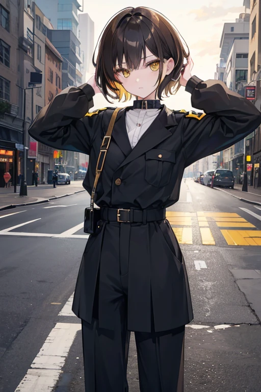 girl with short hair and yellow eyes in the middle of the street at night, brown hair with lucky black clothes and black military pants