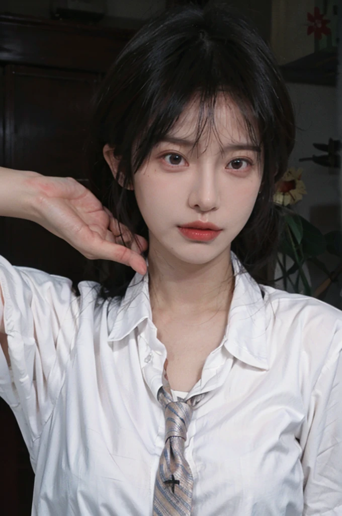 Best quality,masterpiece,ultra high res,(photorealistic:1.4),1girl,sexy,(shirt and tie:1.2),(large breast:1.3),(upper body:1.4)