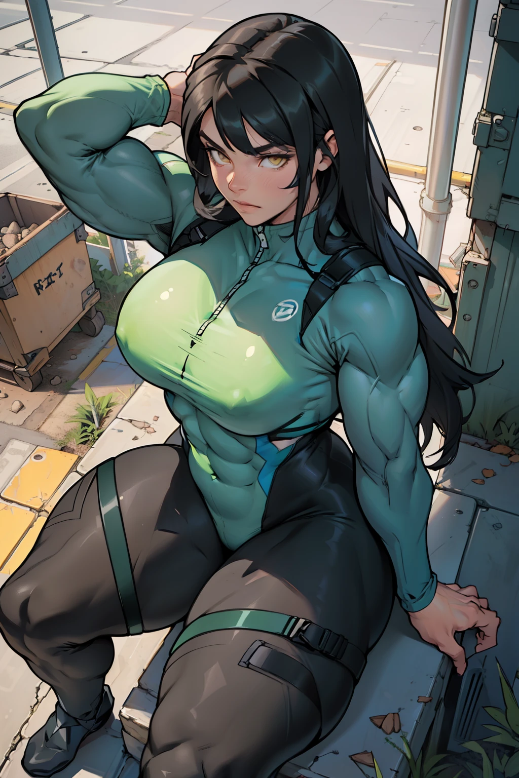 best quality (((((girl muscular thick thighs))))) (full bodysuit cowboy-shot from above sitting) pale skin black hair yellow eyes very long hair