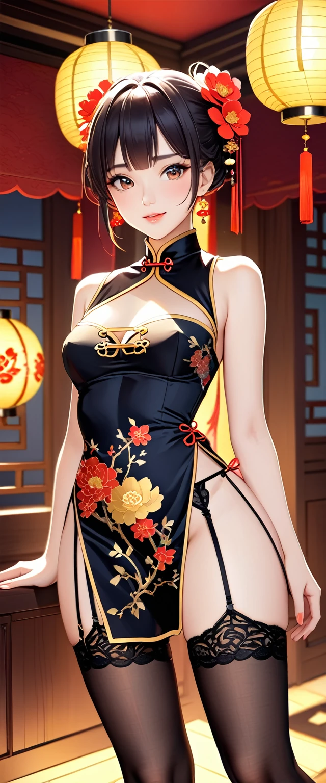 high resolution, adult woman , good lighting, despicable, , (with nudity), (((chinese dress))), (()), ((())), (garter belt), just abdomen, (), , cute face, yo'I'm embarrassed and blushed, humiliating, ((turned back)), the position on all fours
