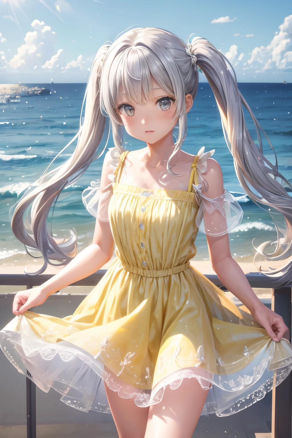girl　long silver twintails　Cute detailed face　Lemon  yellow detailed lace Short dress　Seaside in summer  Skirts that flip in the wind　on Destroyer