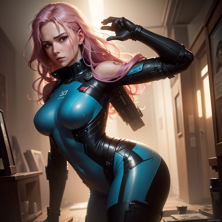 girl, futuristic tactical body suit, eye contact, beautiful woman, long curly blue and pink hair, sexy, attractive, (backlighting), realistic, masterpiece, highest quality, [­[chromatic aberration]], by Jeremy Lipking, by Antonio J. Manzanedo, digital painting, model shoot style, (extremely detailed CG unity 8k wallpaper), professional majestic oil painting by Ed Blinkey, Atey Ghailan, by Jeremy Mann, Greg Manchess, Antonio Moro, trending on ArtStation, trending on CGSociety, Intricate, High Detail, Sharp focus, dramatic, photorealistic,