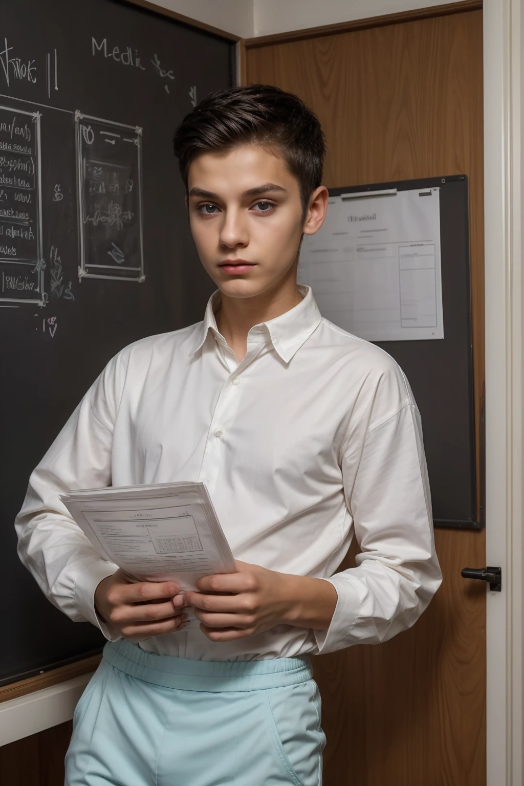 A beautiful young male twink with black hair and a white face with makeup. He is wearing a long-sleeved shirt with a tight white collar and tight aquamarine cotton pants. He is in his office reading a medical paper, and behind him is a blackboard on which is written the shape of the brain and its anatomy.