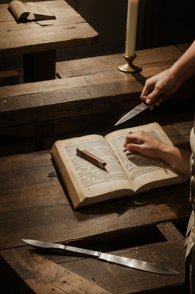 Bible picture with only blood on the table And there's a knife next to the Bible