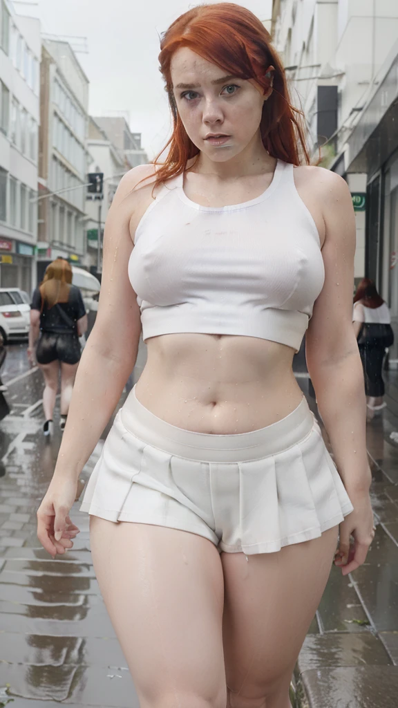 ((Redhead teenager)), ((pale skin)), ((walking in dublin)), ((small tits:0.2)), ((Right, flat tits)), ((extremely thick hips)), (( generous culottes)), ((thick legs)), ((fat thighs)), ((soaked white miniskirt)), ((white sleeveless t-shirt with exposed belly)), ((red hair wet from the rain)), ((determined look)), ((rainy urban environment)), ((High Definition)).