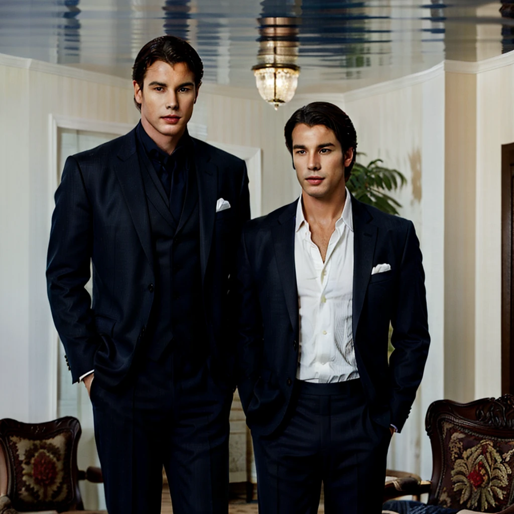 The character is standing in the living room, seeing off the guests, Brown hair, Mid-Sea Appearance, handsome male, elegant pose, in a navy blue suit, The surroundings exude tranquility and luxury, ( Old Money Style Image),ultra realistic, real 