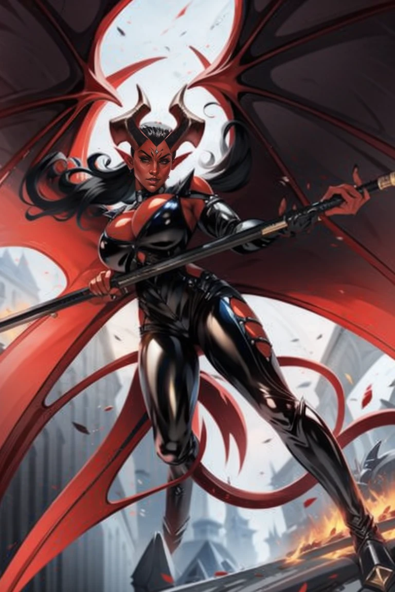 Red skin succubus tiefling, medium breasts, black horns, wings, huge tail, black leather, tall, toned, graceful, thin, long black ponytail. Action scene, shotgun.