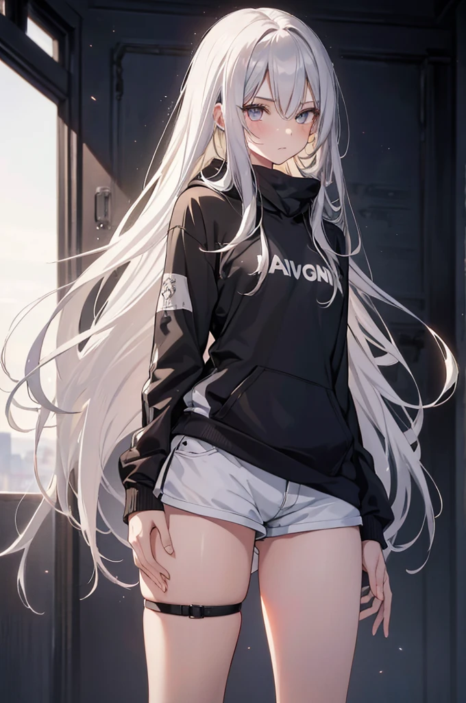 1girl, {Solitary}, Upper Body ,{{ {Watching at viewer}}}, Arms at your sides, Concept Art, white Background, simple Background, White hair, Silver gradient hair , Composite cloth, Asymmetrical clothes, Virtual YouTuber, best quality, masterpiece, Dynamic Angle, , cowboy_shooting, Watching_Back, grab, girl,Miss,woman, young,20 years old, Very long hair, Hair Flip, Silver Hair, Flowing hair, Ahog, giggle, Beautiful and delicate golden eyes, teeth, Large Breasts, Blonde eyes, White skin, hoodie, Black_shorts, Gray clothes, transparent_Background, Backlighting, absurd, high resolution, Extremely detailed,sweater,Face to face