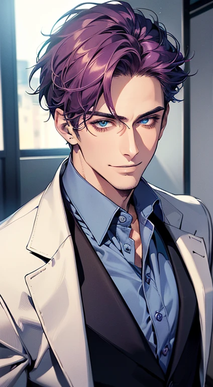 (best quality, masterpiece, 8K, photorealistic, cinematic lighting, 1:4 hdr image, ultra detailed, beautiful image), a mature man, 35 years very handsome, ((cold expression smile in love)), short purple hair, blue eyes, face perfect without mistakes, ((buttoning his jacket, CEO)), smile.