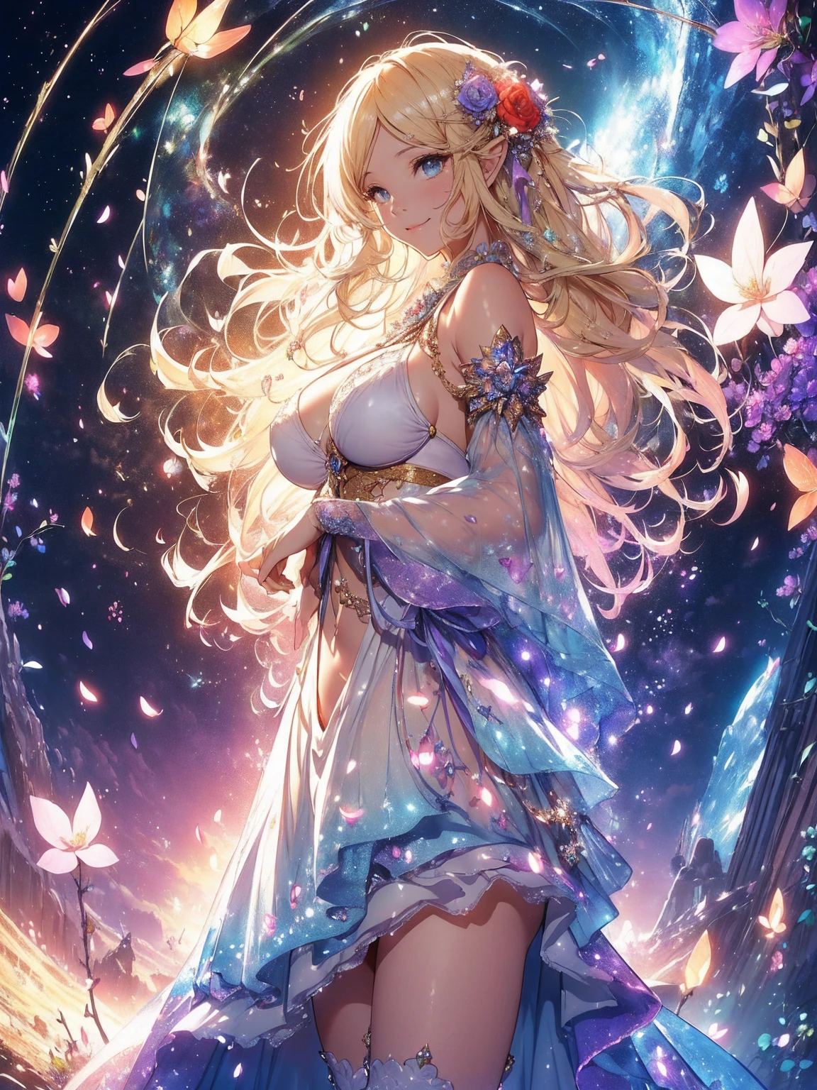 最high quality、Bigger on the screen、1 beautiful woman ELF, (( Side Shot ,))、beautiful ass、Thighs、bikini、beautifully decorated、、親しいsmile、beautiful groin、Total、bikiniファイナルファンタジー、Detailed crotch、beautifulThighs、Red Rose ,flower fractal fine art、sunny、blue sky、blue sky、Fill the screen with Flowers、Bigger on the screen、beautiful Eyes、Lying on the flower,s beautiful Eyes,High-definition depiction, Realistic, 8K, Unity, , light smile, beautifully and vividly drawn, , beautiful, beautiful, Transparent muscle、sexyに  ,bikini armor、 ,sexyに 、Ecstasy、 Romanticism,mosquito。 The most beautiful form of chaos, Mr...々color, Intertwined Flowers, P article,magicのような優しい光,smile,sexy,image quality、masterpiece、beautiful Face、Super beautiful woman((Big Breasts 22 year old office lady、Bust 120,beautiful long ironed hair、Blonde、height: 165cm。、sexy、Esbian、high quality、beautifully decoratedbikini、Visual Arts、最high quality、Female NP 1 person: Worst quality ,Flower fractal art、、beautiful radiance,High-definition depiction, Realistic, 8K, Unity, , light smile, beautifully and vividly drawn, , beautiful, beautiful, Transparent muscle、sexyに ((beautiful  skin、sexyに ,))Countless rays of light pouring down, Swirling Light, , Intense light is emitted from the magic flower circle  front of the girl. Romanticism,: The most beautiful form of chaos, Mr...々 Intertwined Flowers, Particle,magical gentle light,smile,sexyに,image quality、masterpiece、beautiful Face、Super beautiful woman((Big Breasts ,beautiful 、sexyに、Esbian、、high quality、Visual art、Written boundary depth、、、universe、Happy smile、、、elegant、ticker beautiful decorative、、magic、、A kind smile、wonderful、Fluttering petals、、Cultivate fantasy、、Mystery Light　 Flowers、、art、art,mystery,Ultra-high resolution,atmosphere 最high quality、