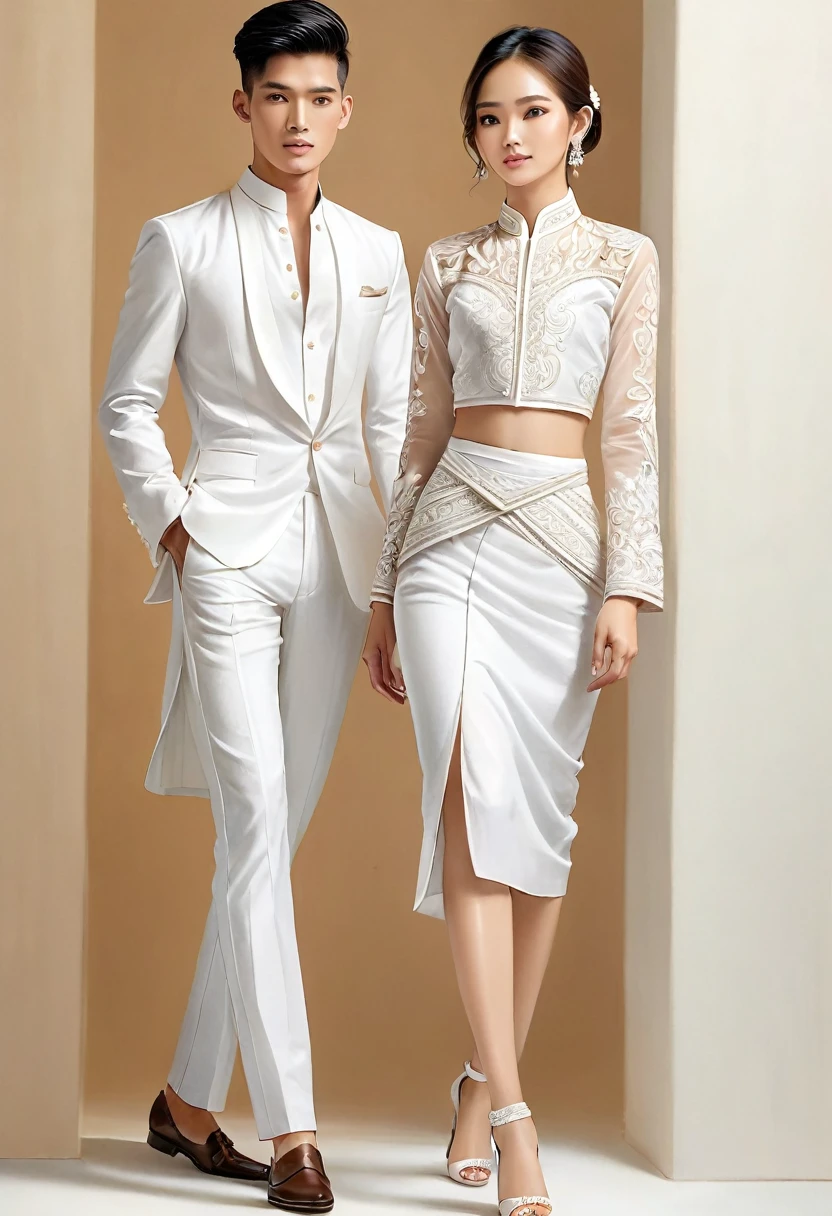 candid fashion illustration of two young man and women, 20 year old, adorned in a meticulously crafted North Thai traditional outfit, ((showcase fashion in a Northern Thai style, cotton handwoven in white color)), simple elegant and luxury style, The man wears a simple long-sleeved white shirt with minimal details, paired with white Tailor pants, and shoes, The woman complements him with white tubular skirt or Sarong with simple patterns, ankle-length, fitted intricately decorated blouse that complements the skirt. Captured in a low angle, ((full-body image)), stands gracefully against the white backdrop. Their attire simple with intricate embroidery and white accents, each element carefully chosen to reflect the rich Lanna cultural heritage, ((white studio background)), realistic color pencil lines, perfect drawing, charcoal lines, fading sketch, quick Sketch, soft light, fashion illustration, fashion sketching