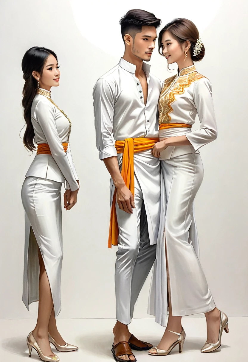 candid fashion illustration of two young man and women, 20 year old, adorned in a meticulously crafted North Thai traditional outfit, ((showcase fashion in a Northern Thai style, cotton handwoven in white color)), simple elegant and luxury style, The man wears a simple long-sleeved white shirt with minimal details, paired with white Tailor pants, and shoes, The woman complements him with white tubular skirt or Sarong with simple patterns, ankle-length, fitted intricately decorated blouse that complements the skirt. Captured in a low angle, ((full-body image)), stands gracefully against the white backdrop. Their attire simple with intricate embroidery and white accents, each element carefully chosen to reflect the rich Lanna cultural heritage, ((white studio background)), realistic color pencil lines, perfect drawing, charcoal lines, fading sketch, quick Sketch, soft light, fashion illustration, fashion sketching